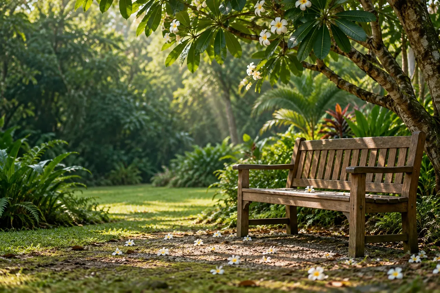 A quiet wooden bench beneath a leafy tree — AI-generated illustration